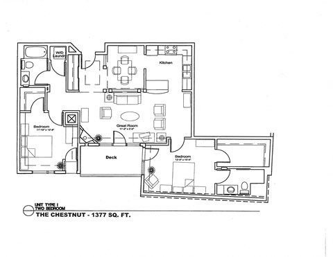 Floor plan for 2 beds, 2 baths, 1377 sqft